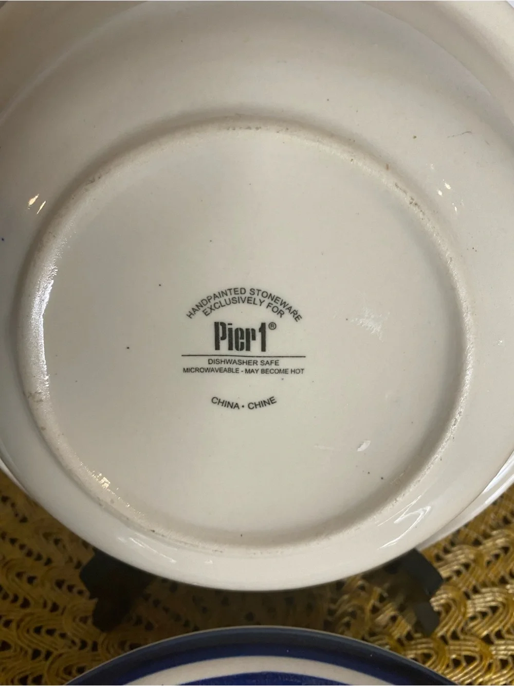 Pier 1 Striped Ceramic Dinner Bowls in Blue, Yellow, Red and Cream - Set of 4